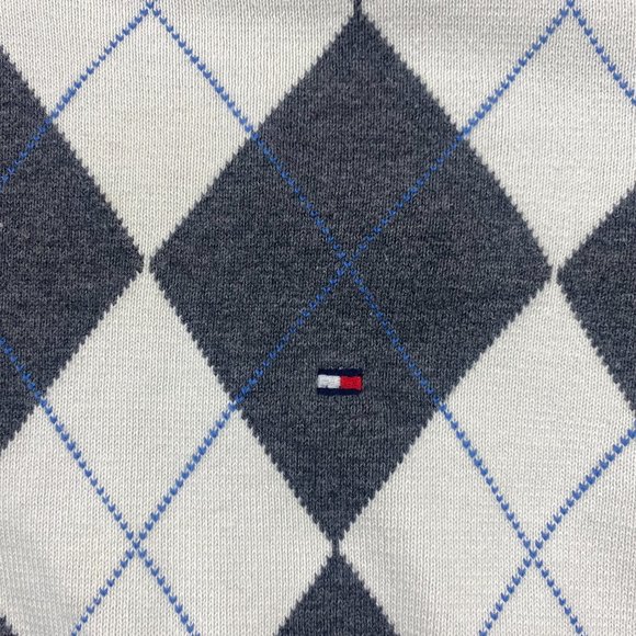 Tommy Hilfiger Argyle Sweater Men XL Gray White Diamond Pattern Knit -STAINS - Picture 2 of 8